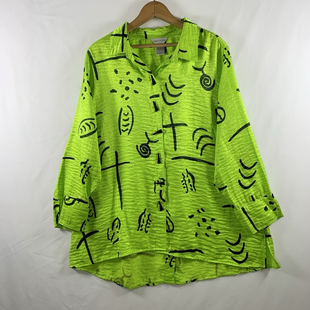 Multiples Womens Oversized Artsy Shimmer Button Tunic Top Size Large Lime Green